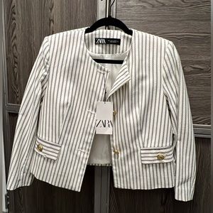 NWT: Zara Ecru Stripped Cropped Navy Style Blazer (Sz. S)